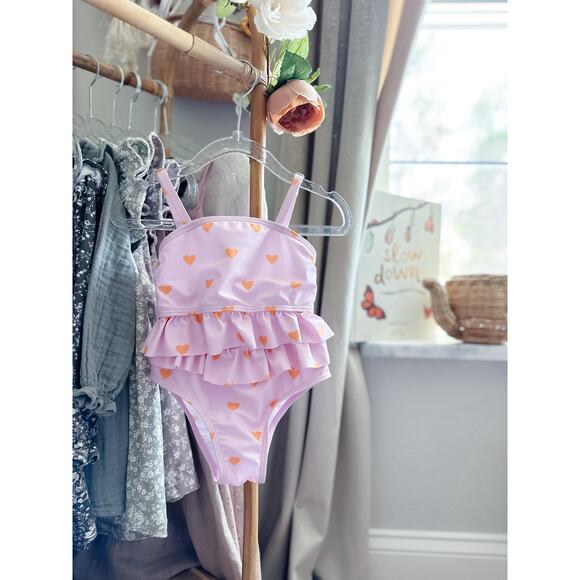 New Darling Heart Print Blush Pink Frill Trim 2pc Cami Swimsuit 4T - Picture 1 of 7